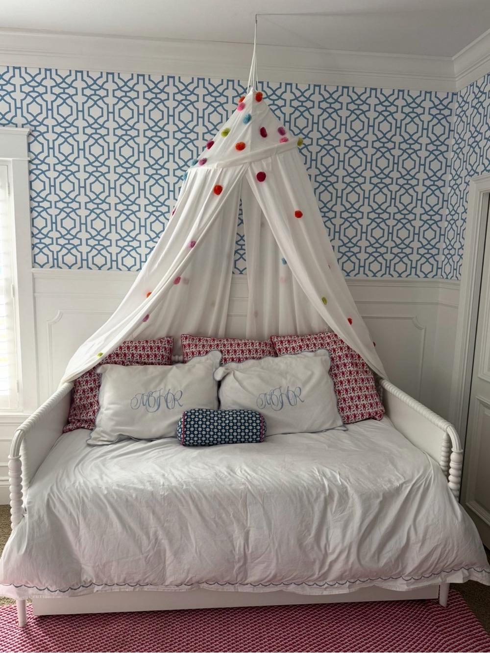 Pottery Barn Kids White Canopy Bed Drapery with Multicolor Pom-Poms